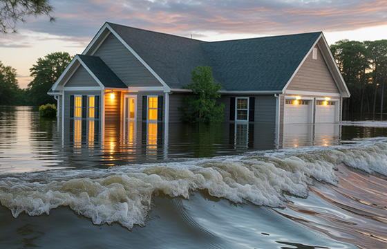 Flooded street with sandbags